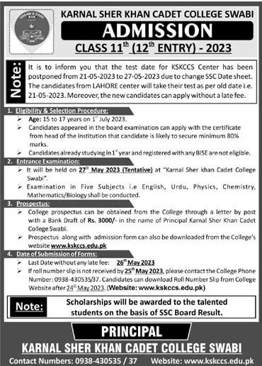 admission announcement of Karnal Sher Khan Cadet College