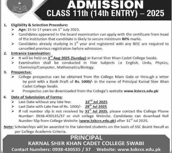 admission announcement of Karnal Sher Khan Cadet College