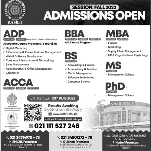 admission announcement of Kasb [ Khadim Ali Shah Bukhari ]  Institute Of Technology
