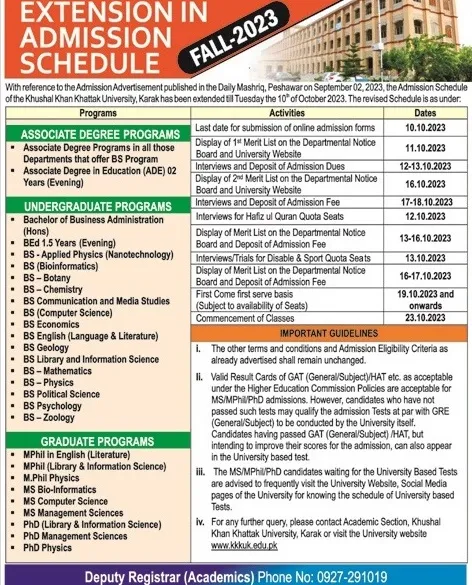 admission announcement of Khushal Khan Khattak University