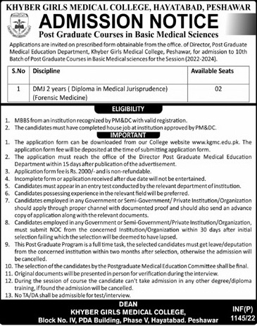 admission announcement of Khyber Girls Medical College