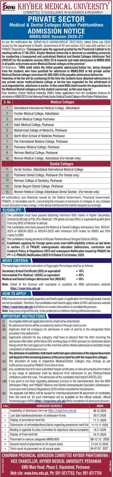 admission announcement of Frontier Medical College