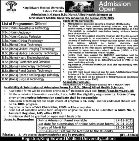 admission announcement of King Edward Medical University / Mio Hospital