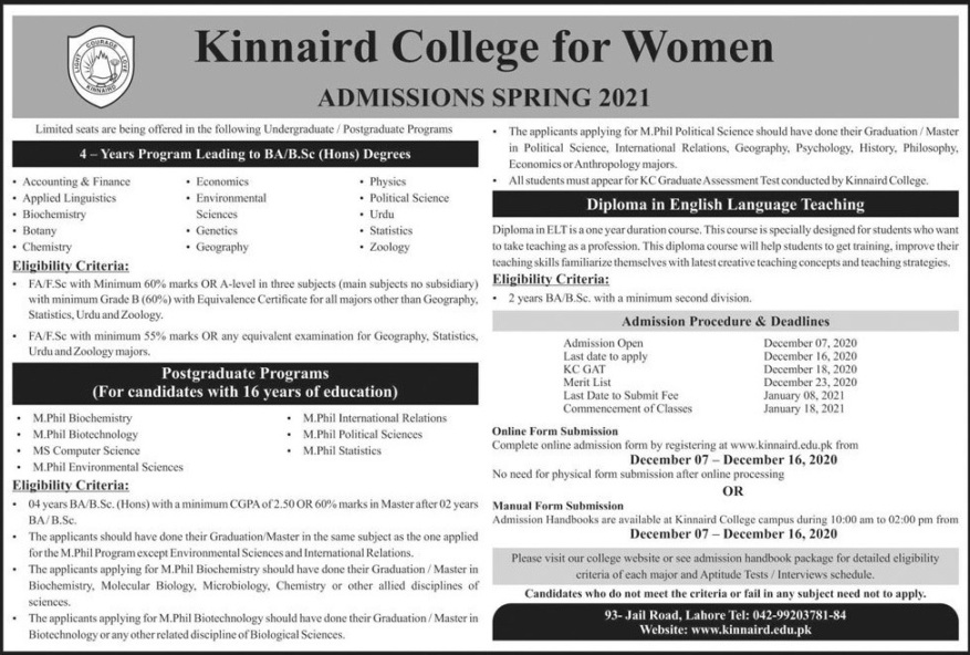 admission announcement of Kinnaird College For Women