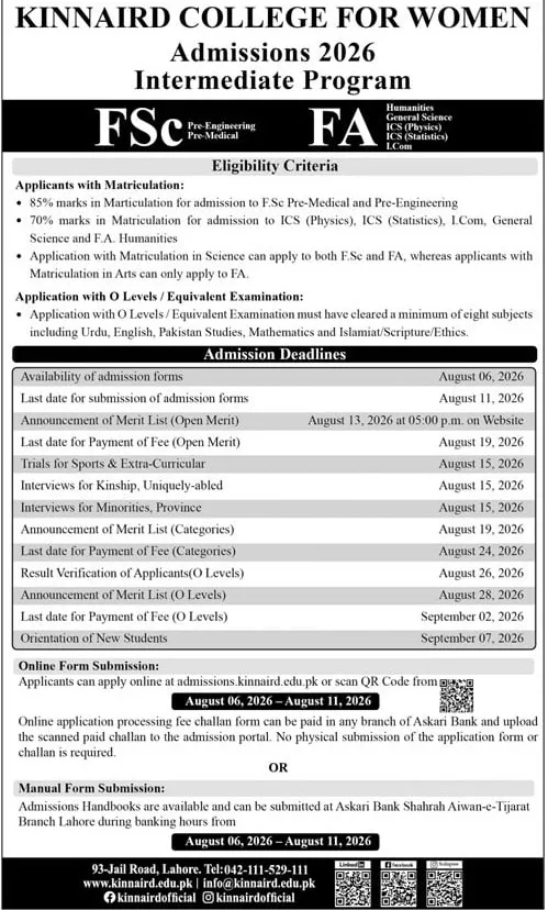 admission announcement of Kinnaird College For Women