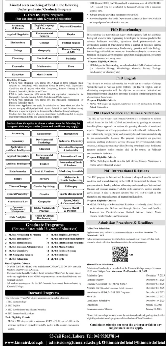 admission announcement of Kinnaird College For Women