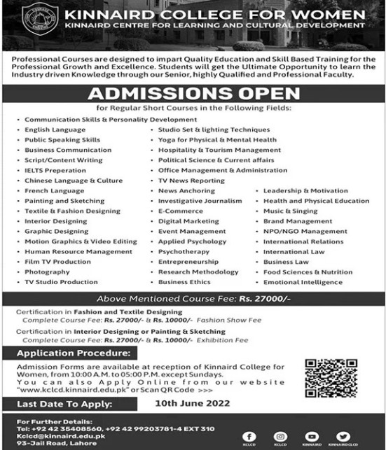 admission announcement of Kinnaird College For Women