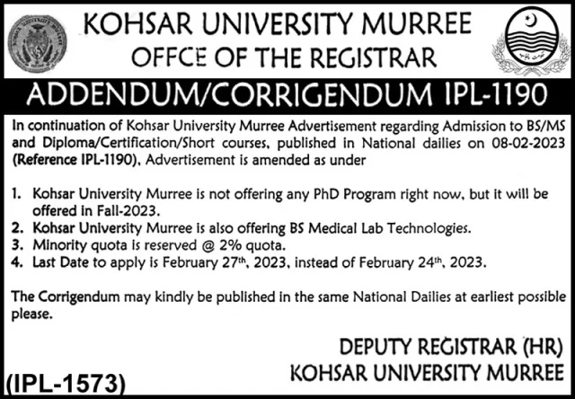 admission announcement of Kohsar University