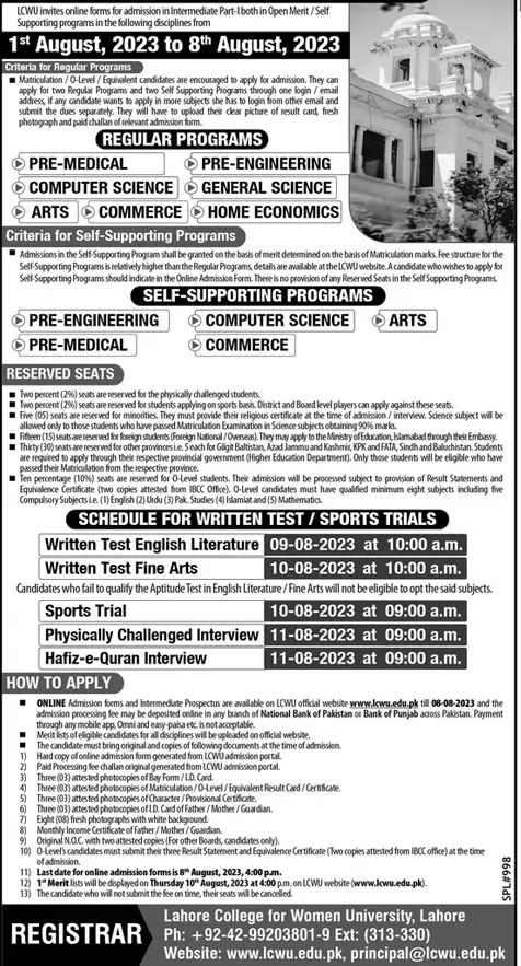 admission announcement of Lahore College For Women University