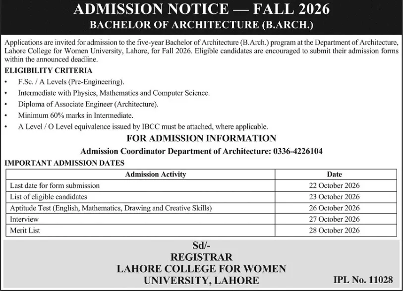 admission announcement of Lahore College For Women University