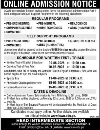 admission announcement of Lahore College For Women University