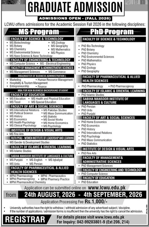 admission announcement of Lahore College For Women University