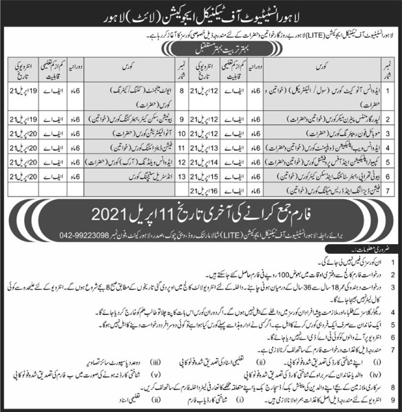 admission announcement of Lahore Institute Of Technical Education