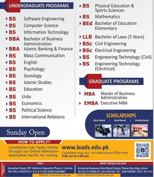 admission announcement of Lahore Leads University ( Faculty Of Engineering )