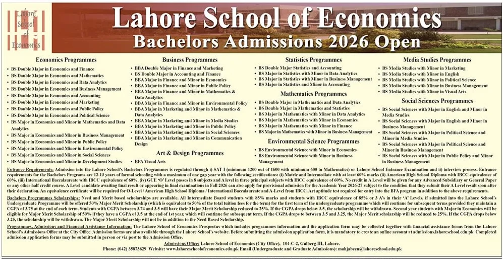admission announcement of Lahore School Of Economics