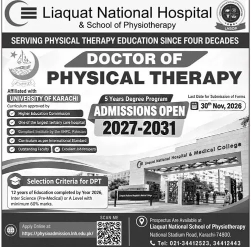 admission announcement of Liaquat National School Of Physiotherapy