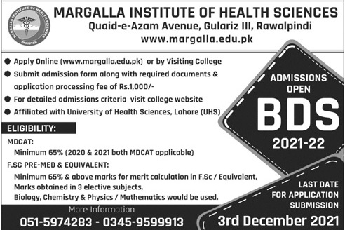 admission announcement of Margalla Institute Of Health Sciences