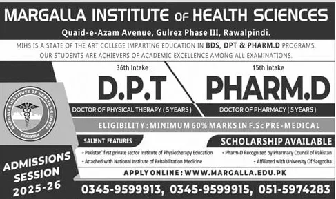 admission announcement of Margalla Institute Of Health Sciences