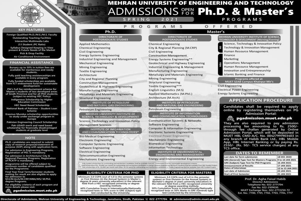 admission announcement of Mehran University Of Engineering & Technology