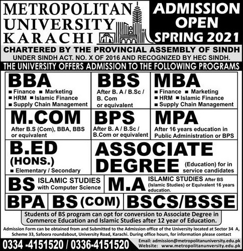 admission announcement of Metropolitan University Karachi