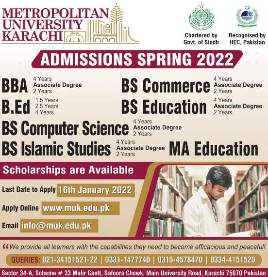 admission announcement of Metropolitan University Karachi