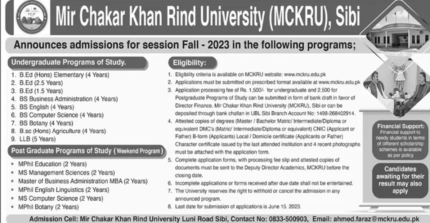 admission announcement of Mir Chakar Khan Rind University
