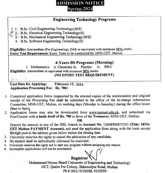 admission announcement of Muhammad Nawaz Sharif University Of Engineering And Technology