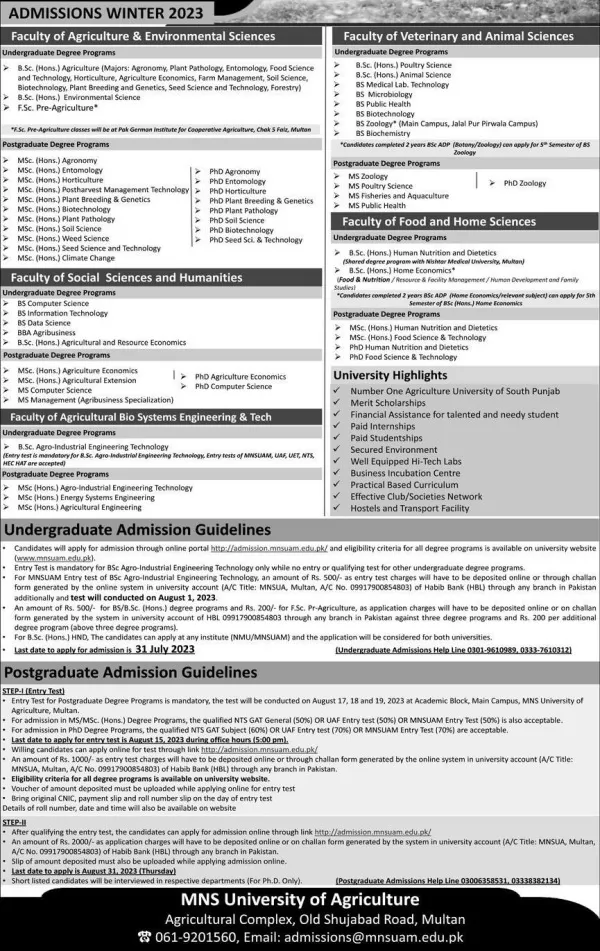 admission announcement of Muhammad Nawaz Sharif University Of Agriculture