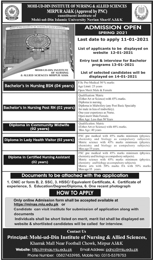 admission announcement of Mohi-ud-din Institute Of Nursing & Allied Sciences
