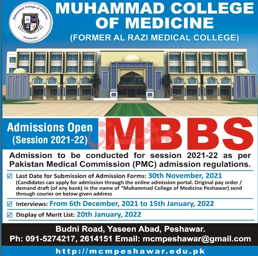 admission announcement of Muhammad College Of Medicine ( Former Al-razi Medical College)