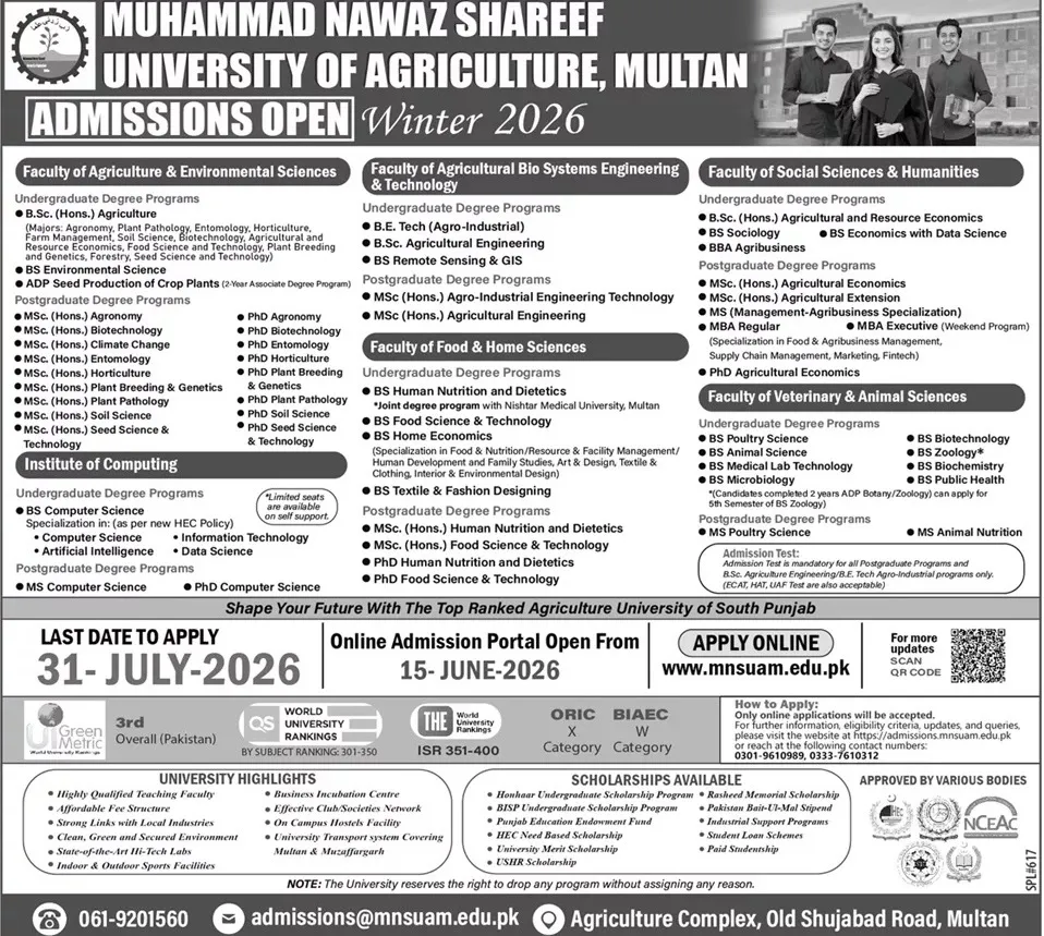 admission announcement of Muhammad Nawaz Sharif University Of Agriculture