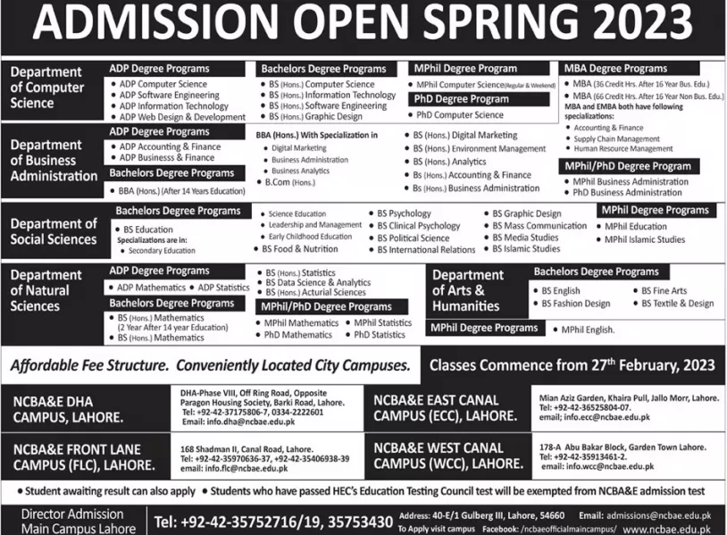 admission announcement of National College Of Business Administration And Economics, Lahore