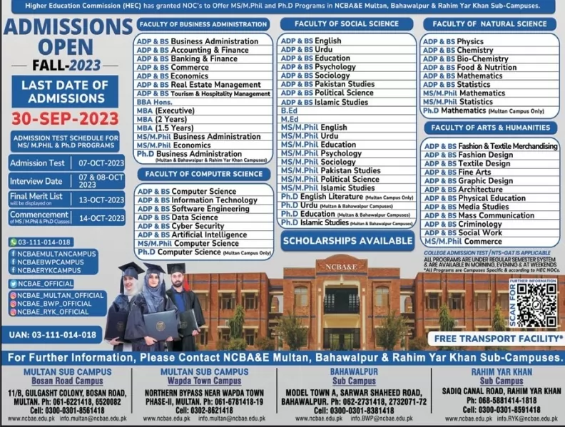admission announcement of National College Of Business Administration And Economics ( Multan Campus )