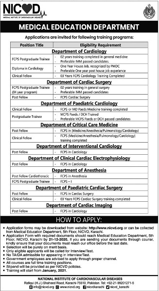 admission announcement of National Institute Of Cardiovascular Diseases