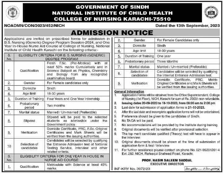 National Institute Of Child Health NICH Karachi Announces BS Admission