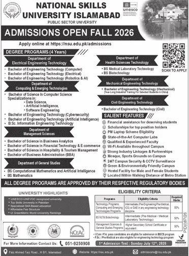 admission announcement of National Skills University