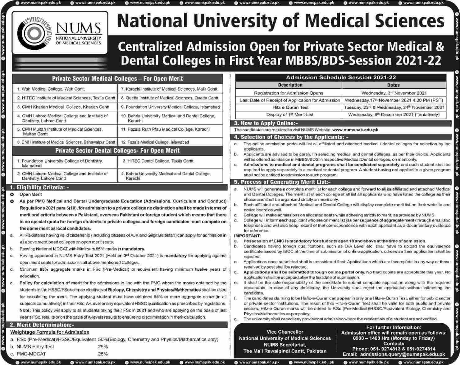 admission announcement of Bahria University Medical & Dental College
