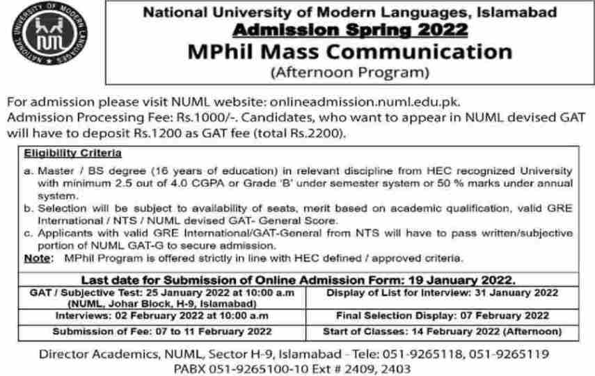 admission announcement of National University Of Modern Languages, Islamabad