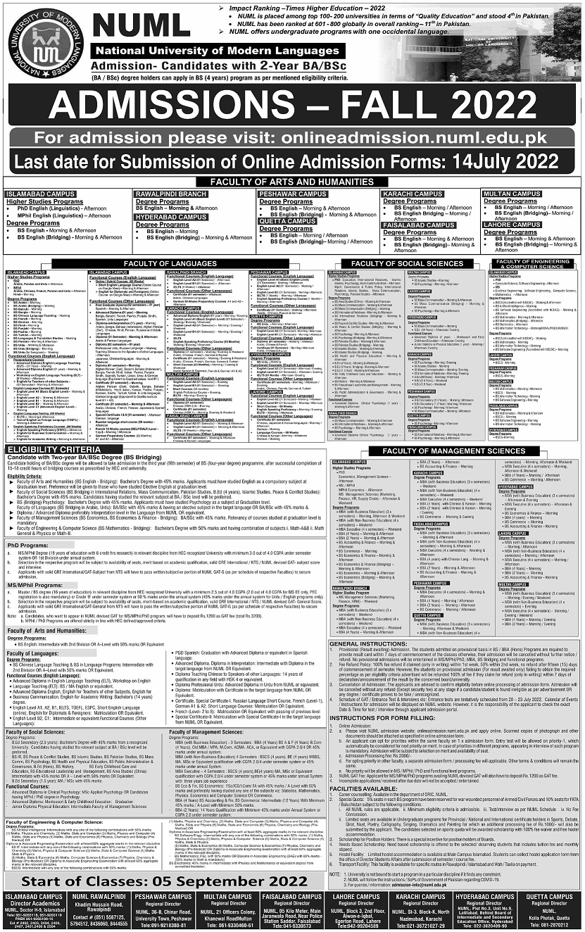admission announcement of National University Of Modern Languages ( Hyderabad Campus )