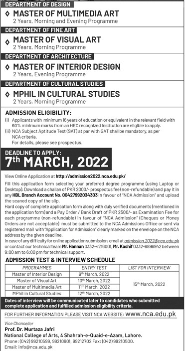 admission announcement of National College Of Arts