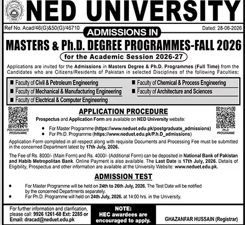 admission announcement of Ned University Of Engineering & Technology