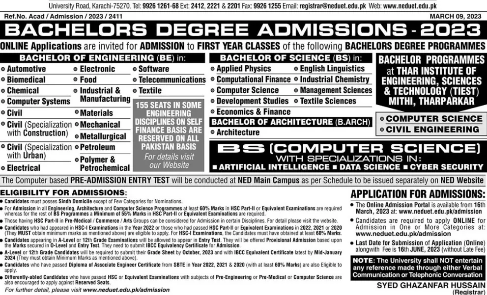 admission announcement of Ned University Of Engineering & Technology