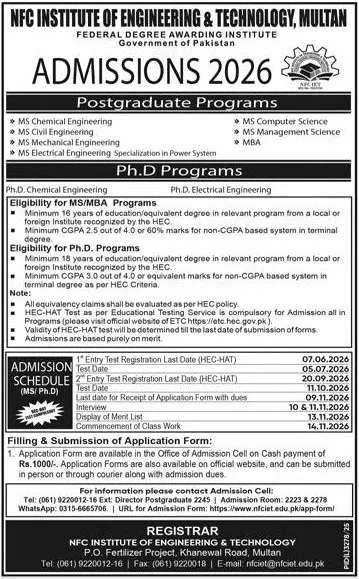 admission announcement of Nfc Institute Of Engineering & Technology