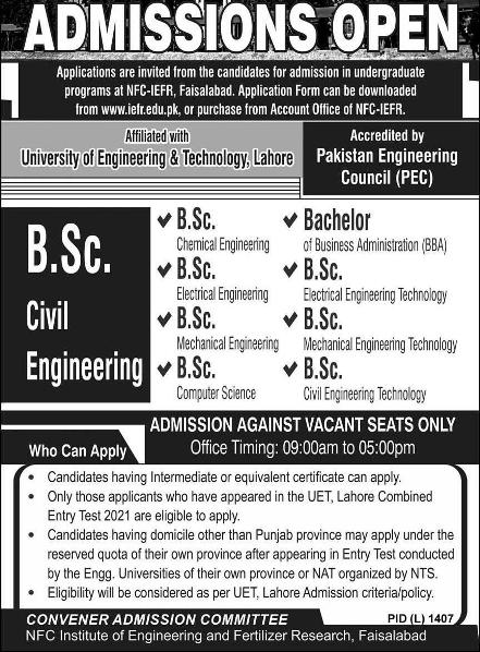 admission announcement of Nfc Institute Of Engineering & Fertilizer Research