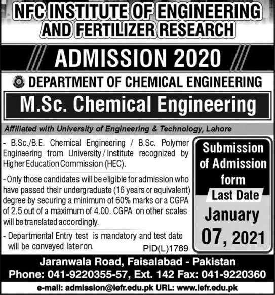 admission announcement of Nfc Institute Of Engineering & Fertilizer Research