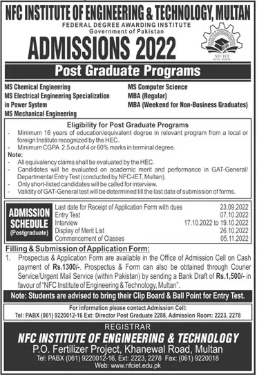 admission announcement of Nfc Institute Of Engineering & Technology