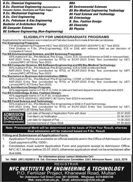 admission announcement of Nfc Institute Of Engineering & Technology