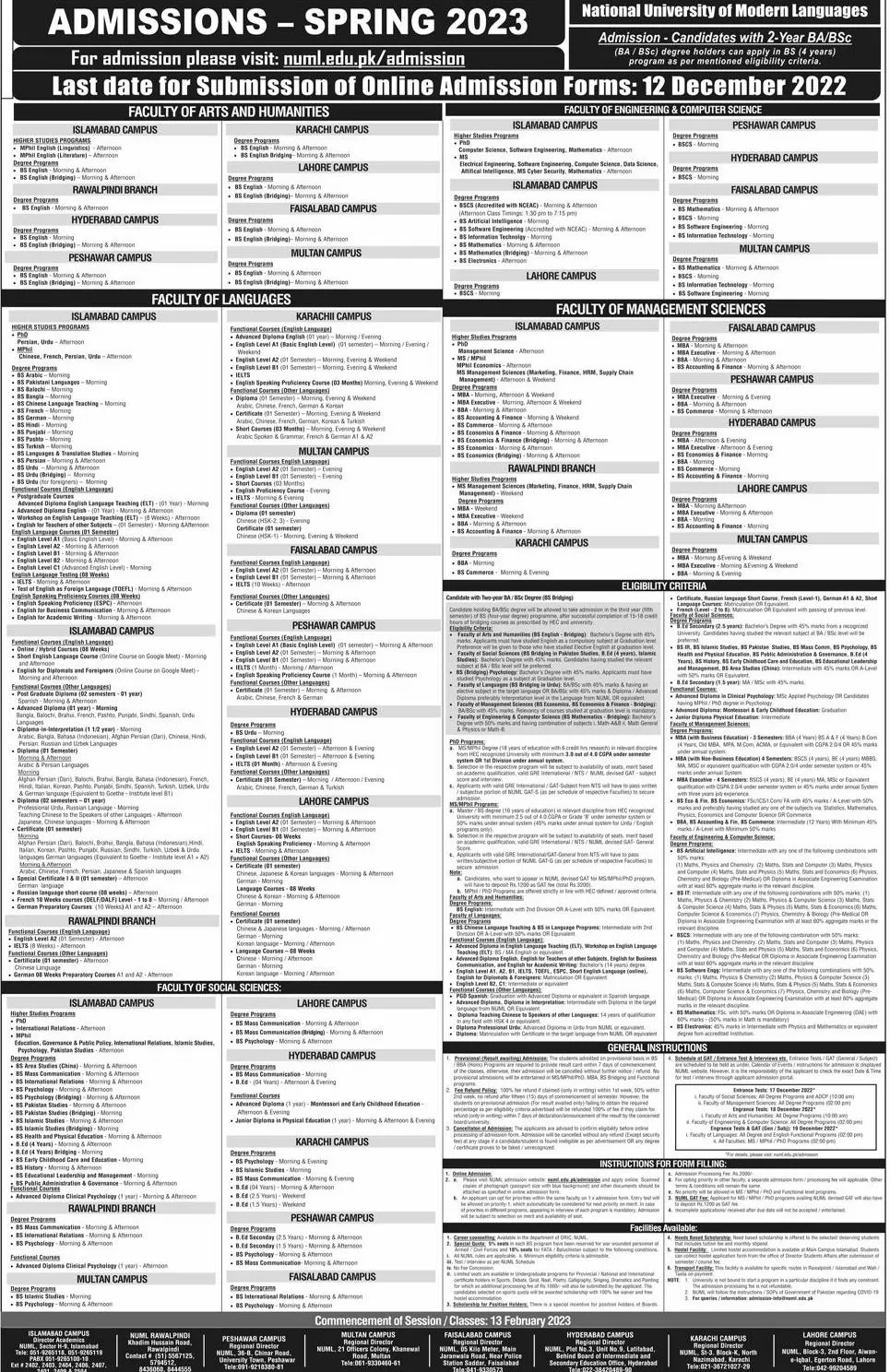 admission announcement of National University Of Modern Languages, Islamabad