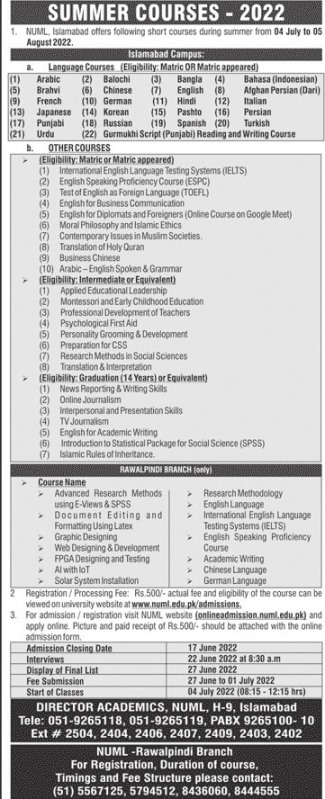 admission announcement of National University Of Modern Languages, Rawalpindi Campus