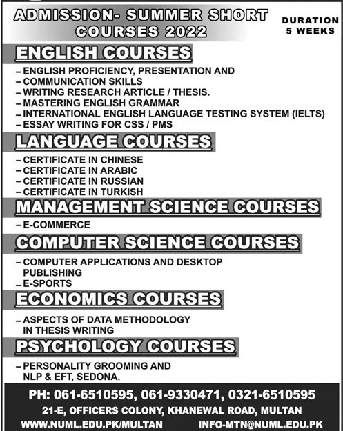 admission announcement of National University Of Modern Language ( Multan Campus )